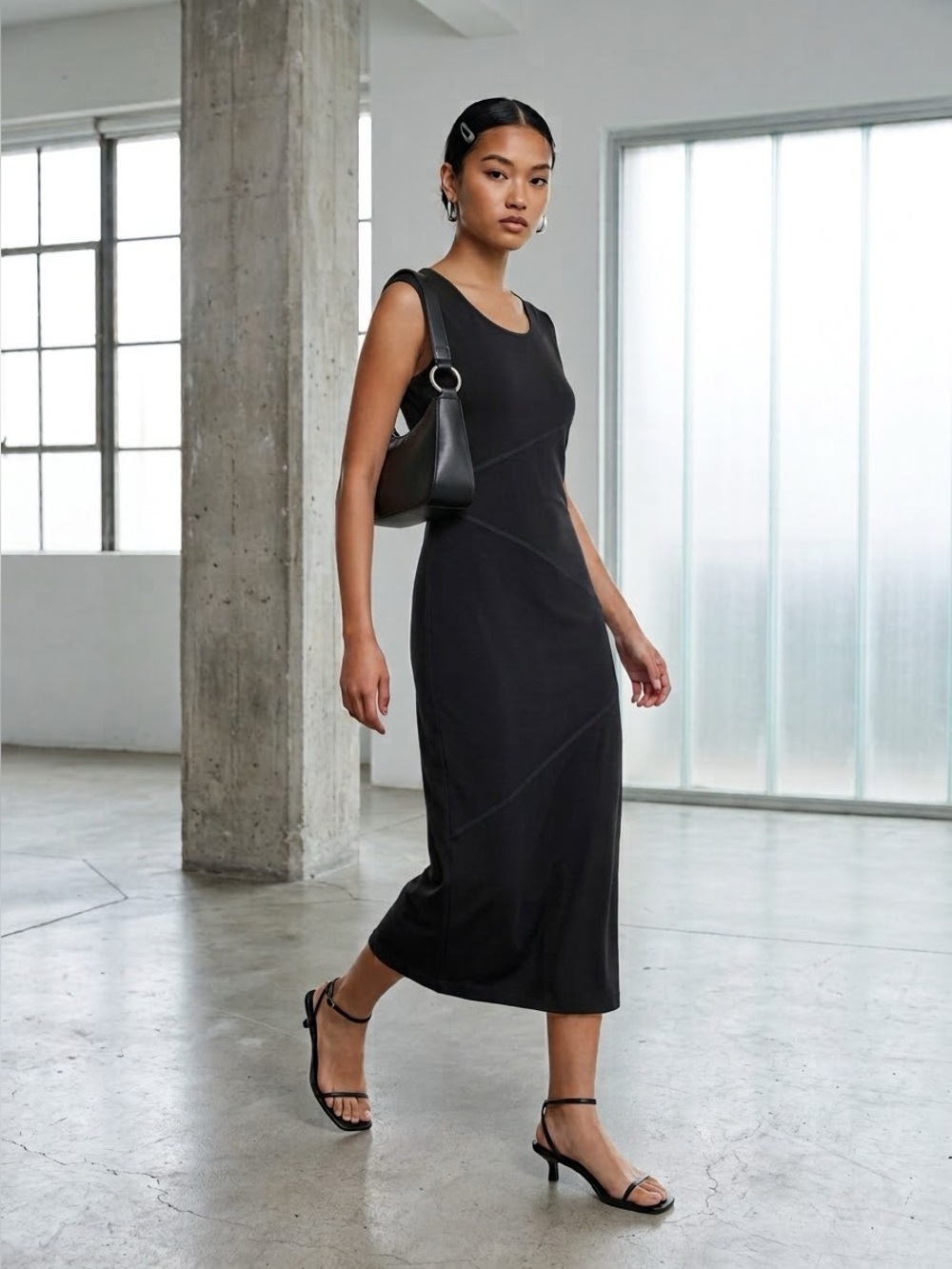 Vintage Y2K DKNY Black Diagonal Seam Crepe Jersey Sleeveless Midi Dress - Medium